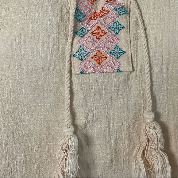 Beige Tassel Drawstring Boho Chic Embroidered Half Sleeve V Neck Top Size M - Picture 6 of 15